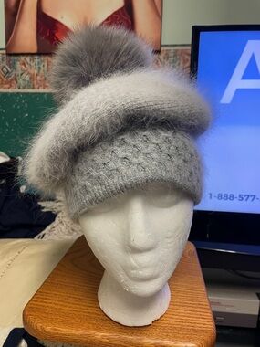 Soft Gray Angora fox fur Pom Pom Beanie - Women's Winter Hat